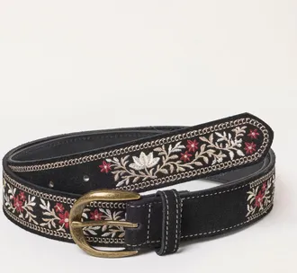 Fat Face FatFace Black Floral Embroidered Suede Belt