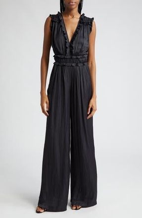 Ramy Brook Katelyn Ruffle Satin Jumpsuit in Black at Nordstrom Rack, Size 0