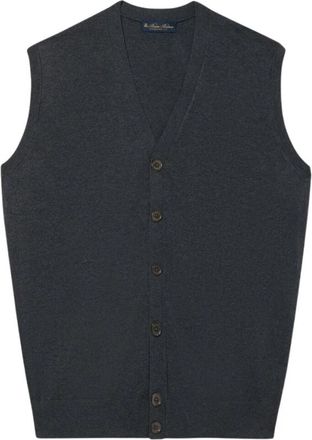 Brooks Brothers Geknoopte trui zonder mouwen - Heren - Vesten - Grijs - XL - Kasjmier - Truien & Vesten