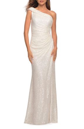 La Femme Sequin One-Shoulder Gown in White at Nordstrom, Size 0