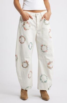 Free People Good Luck Floral Print Barrel Jeans in Watercolor Wreath at Nordstrom Rack, Size 27