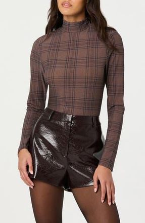 ASTR the Label Lida Mock Neck Long Sleeve Top in Brown Plaid at Nordstrom Rack, Size Large