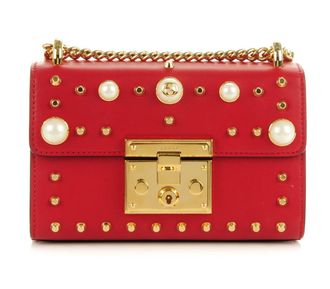 Gucci Red Leather Studded Padlock Shoulder Bag