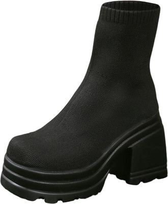 Generic Winter Womens Fashion Knitted Ankle Boots with Thick Heel and Sole for Superior Comfort and Stylish Everyday Wear (Black, 6. 5)