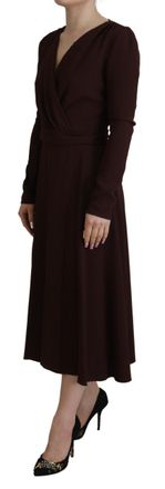 Dolce & Gabbana Womens Brown Wrap Long Sleeve Midi Stretch Dress Viscose