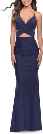 La Femme Cut Out Long Soft Jersey Dress with Criss Cross Bodice in Navy at Nordstrom, Size 10