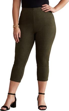 Jessica London Everyday Stretch Cotton Capri Legging in Dark Olive Green Glen Plaid at Nordstrom, Size 12