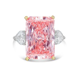 Diana M. Jewels 18kt Yellow gold Lab grown 15ct Fancy pink radiant diamond ring with heart diamonds on the side and micropave band