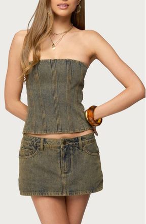 Edikted Camelia Strapless Denim Top in Brown-Washed at Nordstrom, Size X-Small