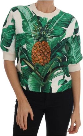 Dolce & Gabbana Pineapple Banana Sequins Crewneck Sweater - Dames - Ronde hals truien - Veelkleurig - S - Katoen - Truien & Vesten
