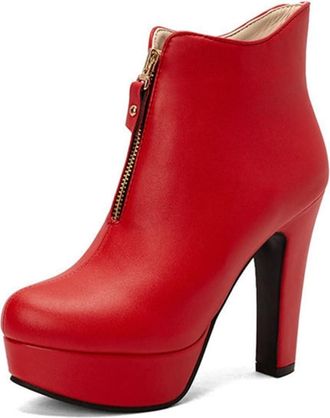 Generic Womens Platform Round Toe Chunky Heel Ankle Boots with Front Zipper Fashion Versatile Winter Chelsea Shoes (Red,5.5)