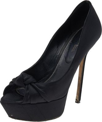 Sergio Rossi Black Satin Knotted Peep Toe Platform Pumps