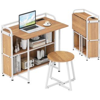 Costway Scrivania Pieghevole con Sgabello, Scrivania Portatile con Scaffale e Stazione di Ricarica, Tavolo da Scrittura con Sedia per Studio e