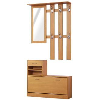 HOMCOM Recibidor De Entrada Con Espejo Perchero Y Zapatero Mueble De Recibidor De 2 Piezas Con 6 Ganchos Estantes Y Caj&oacute;n Abatible Para Pasillo Madera Marr&oacute;n