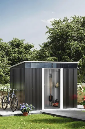 Living and Home 8 x 4 ft Metal Garden Storage Shed Pent Roof Double Lockable Sliding Doors with Foundation Base, Charcoal Black