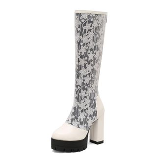 Generic Womens High Heeled Long Boots with Zipper PU Leather Knee High Boots Round Toe Platform Boot,White,10.5 UK