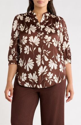Anne Klein Floral Split Neck Top in Dark Chocolate/White at Nordstrom, Size 2 X
