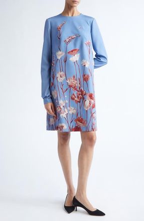 Lela Rose Floral Long Sleeve Stretch Crepe Shift Dress in Cornflower Multi at Nordstrom, Size 14