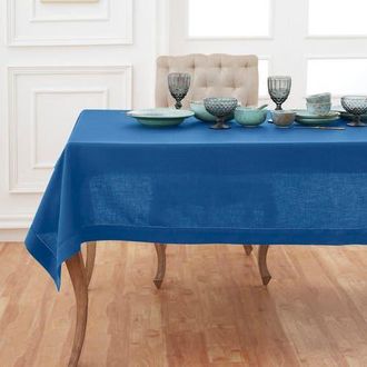 Solino Home Linen Tablecloth for Dining Table, Holiday and Everyday Dining Table Decor - Classic Hemstitch in Indigo Blue at Nordstrom, Size 3X-Large