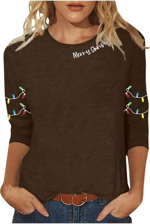 Generic Christmas Tops For Women Uk Casual 3/4 Sleeve Crewneck Lightweight Tshirts, Fall Trendy Xmas Wine Galss Graphic Tee Shirts Blouse Dressy Comfy Loose F