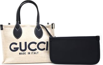 Gucci Beige Navy Canvas Leather Pouch Tote Bag (Pre-Owned)