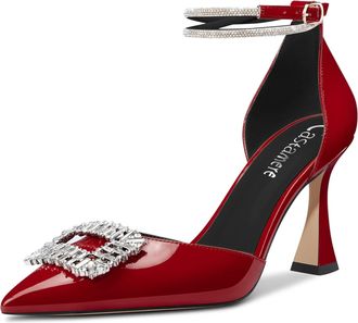 Castamere Women High Chunky Block Heel Ankle Strap Diamond Crystal Pointed Toe Pumps Court Shoe 8.5 CM Heels Burgundy Wine Red 7.5 UK
