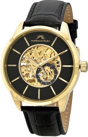Porsamo Bleu Cassius Automatic Leather Strap Watch, 45mm in Gold And Black at Nordstrom Rack