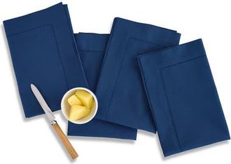 Solino Home Cotton Linen Hemstitch Dinner Napkins Set of 4, 20 x 20 Inch for Dining Table, Holiday and Everyday Table Decor in Lapis Blue at