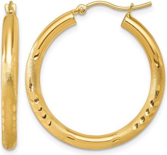 Diamond2Deal 14k Yellow Gold Satin & Diamond-cut 3x30mm Round Hoop Earrings