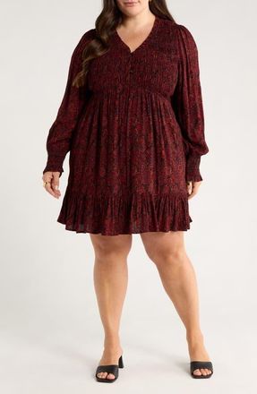 Treasure & Bond Long Sleeve Smocked Bodice Dress in Black- Red Gemma Medallion at Nordstrom, Size 1X