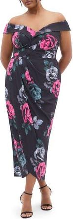 City Chic Clair Print Off the Shoulder Midi Dress in Blk Clementine at Nordstrom Rack, Size 14W