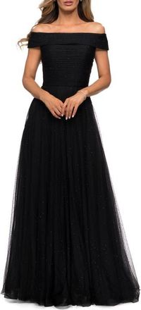 La Femme Tulle Off the Shoulder A-line Dress with Rhinestones in Black at Nordstrom, Size 4