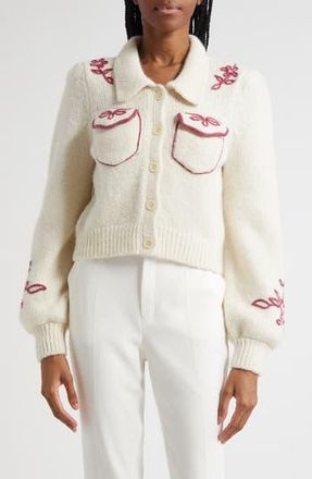 Cinq &agrave; Sept Zharia Metallic Soutache Alpaca & Wool Blend Cardigan in Ivory/red at Nordstrom Rack, Size X-Large