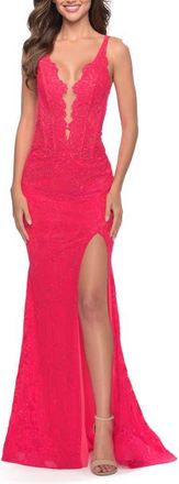 La Femme Stretch Lace Gown with Slit and Open Keyhole Back in Hot Coral at Nordstrom, Size 00