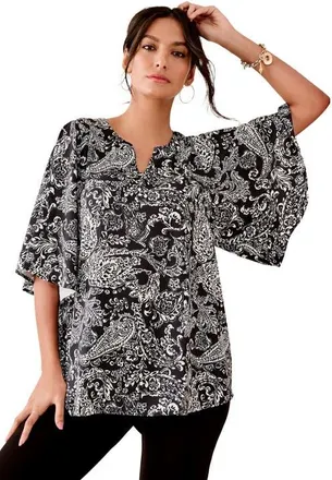 Roaman's Notch Neck Flutter Sleeve Blouse in Black Ivory Paisley at Nordstrom, Size 12