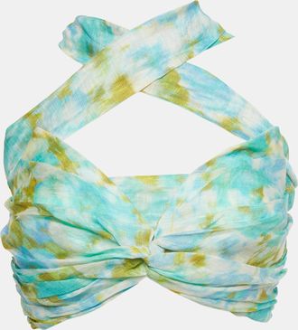 Zimmermann Blue/green Abstract Print Linen Blend High-Tide Crop Top