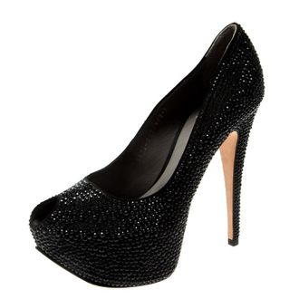 Gina Black Crystal Embellished Peep Toe Platform Pumps