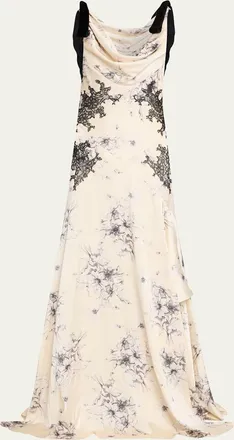 Cinq &agrave; Sept Hand-Sketched Floral Cowl-Neck Gown