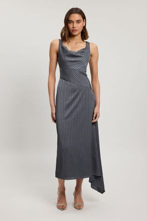 Karen Millen Womens Petite Hammered Satin With Cowl Neck Strappy Woven Maxi Dress - Grey - Size 14 UK