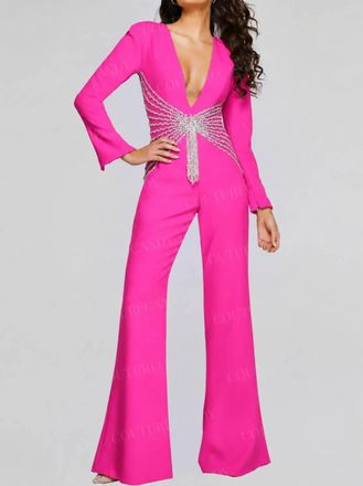Jovani Beaded V-Neck Jumpsuit In Fuchsia