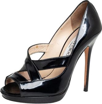 Jimmy Choo London Black Patent Leather Gesture Cross Strap Peep Toe Pumps
