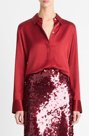Vince Slim Fit Stretch Silk Button-Up Shirt in Ruby Ink at Nordstrom Rack, Size X-Large