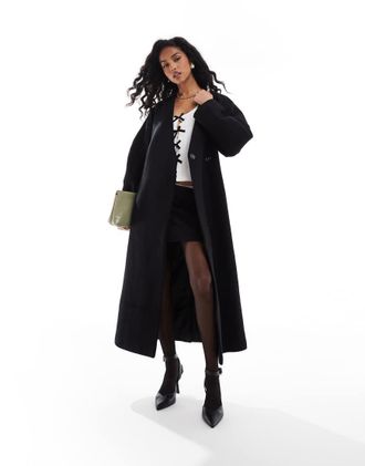 Asos collarless nipped waist wool mix coat in black-Brown