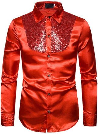 Generic Mens Shiny Satin Sequins Button Dress Shirts Long Sleeve Slim Fit Disco Party Prom Wedding Costume n9 Red