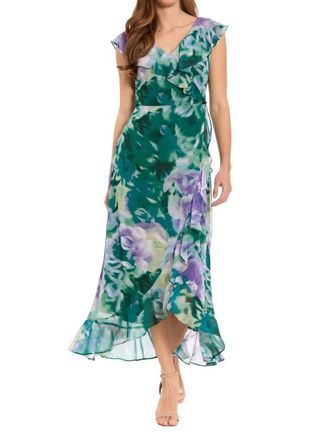 Maggy London Floral Ruffle Chiffon Midi Dress In Orchid Teal
