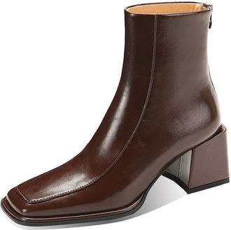 TinaCus Womens Handmade Genuine Leather Chic Square Toe Back Zipper Mid Block Heel Ankle Boots, Brown, 5.5 UK