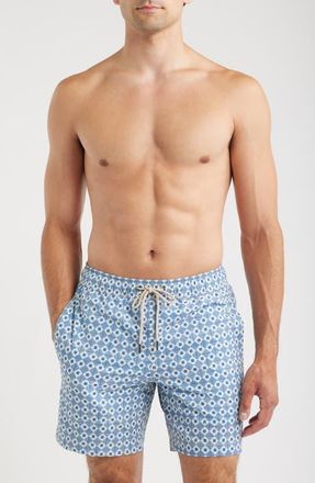 Fair Harbor The Bayberry Geo Print Water Repellent Swim Trunks in Searsucker Sea Blue Tiles at Nordstrom, Size Xx-Large