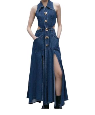 Urban Revivo Cut Out Stretchy Sleeveless Maxi Denim Dress With Artistic Buttons In Blue