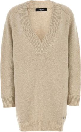 Versace Beige Wollen Blend Sweater Jurk - Dames - V-hals truien - Beige - L - Wol - Truien & Vesten
