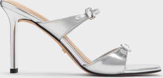 Charles & Keith Metallic Leather Gem-Buckle Double-Strap Heeled Sandals